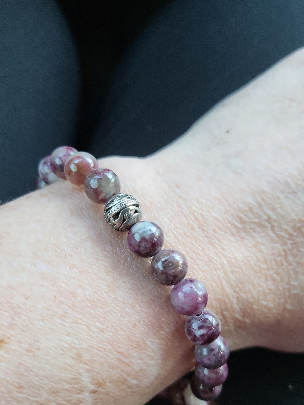 Beaded Purple Stone Stretch Bracelet with Silver Accent